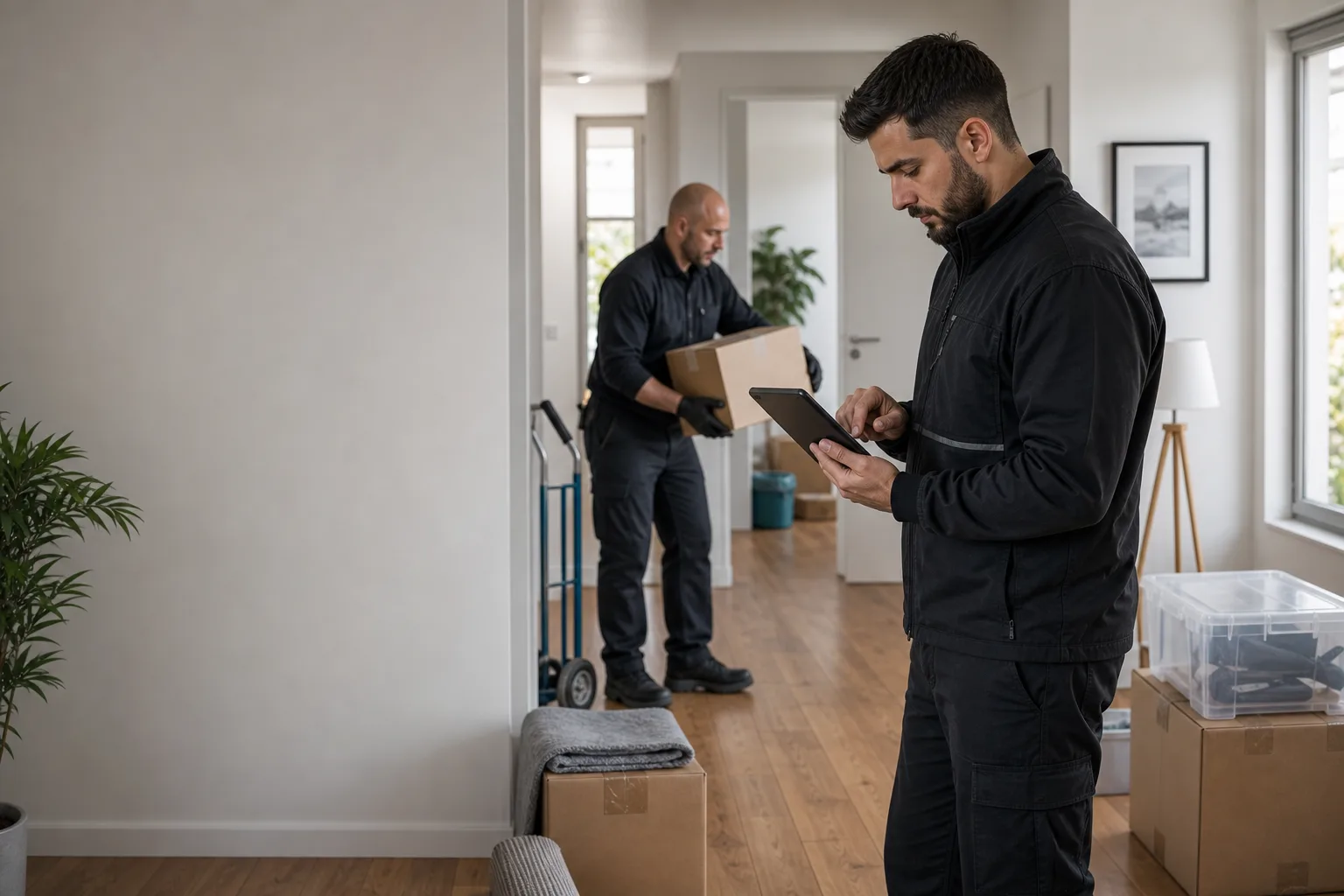 Professionelles Team dokumentiert eine gerichtliche Räumung in Düsseldorf mit Tablet, Kartons und Tragehilfe