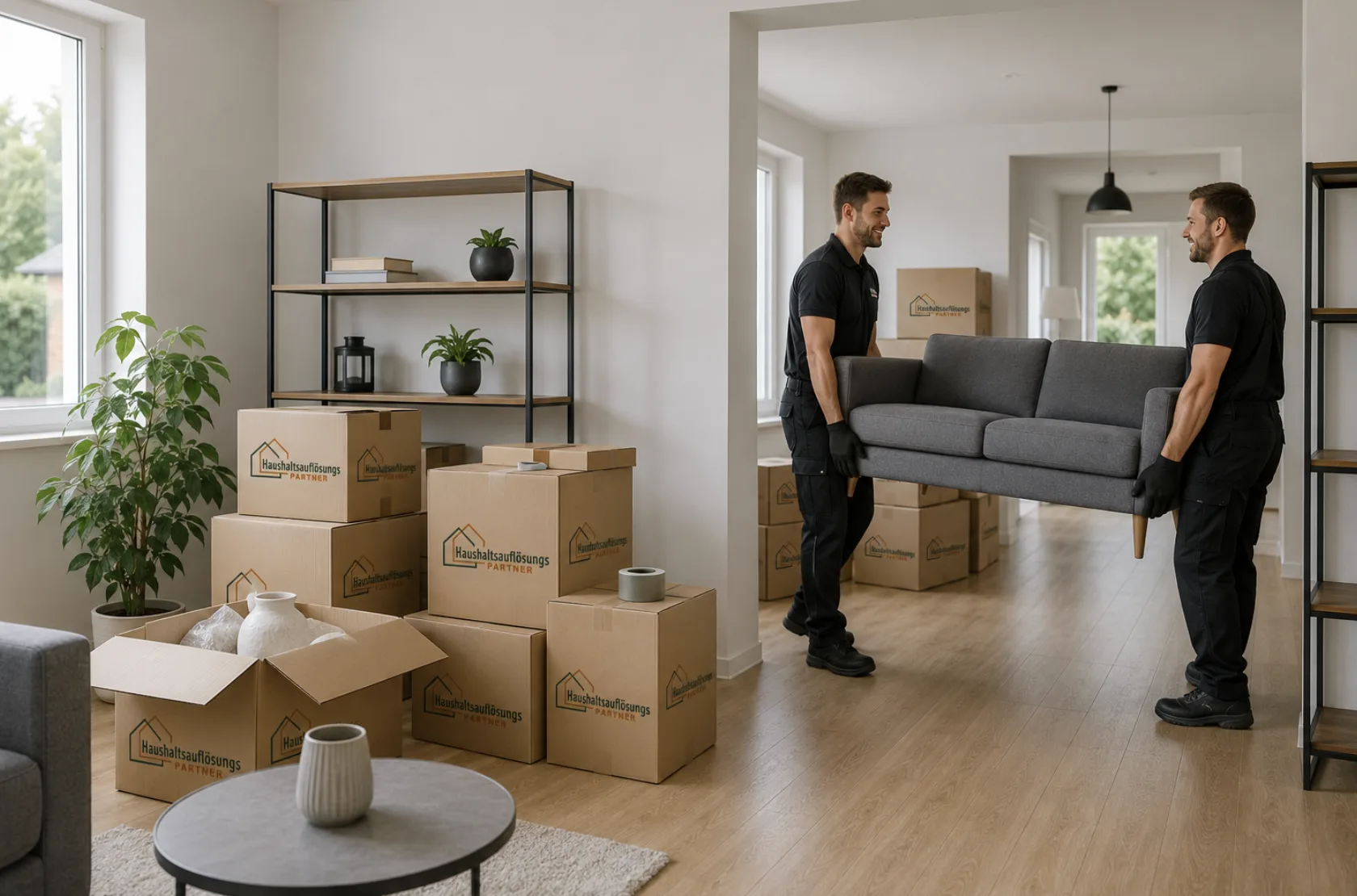 Professionelle Haushaltsauflösung in Düsseldorf mit Möbeltransport, Kartons und geordneter Wohnungsauflösung